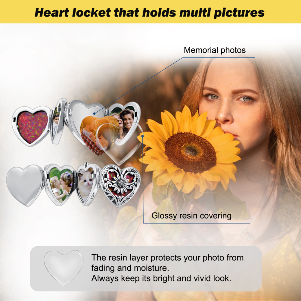 Sterling Silver Heart Opal Sunflower Personalized Engraving Photo Locket Necklace For Women-7