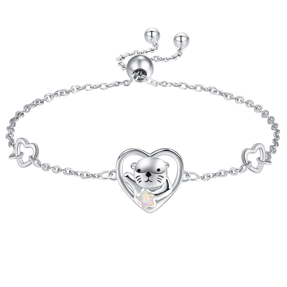 Sterling Silver Heart Opal Sea Otter Charm Bracelet For Women-1