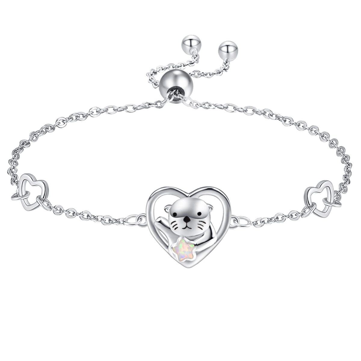 Bracciale con ciondolo a forma di lontra marina in argento sterling con cuore opale per le-1