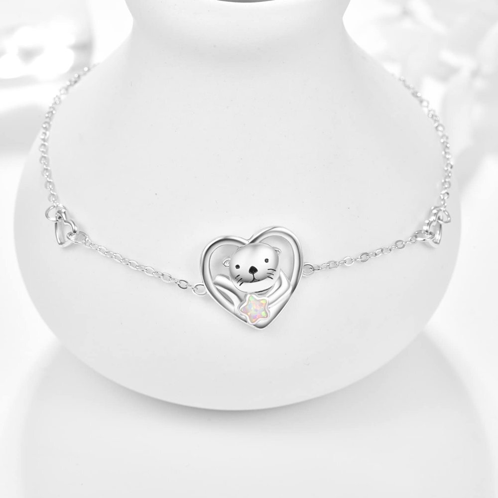 Sterling Silver Heart Opal Sea Otter Charm Bracelet For Women-4