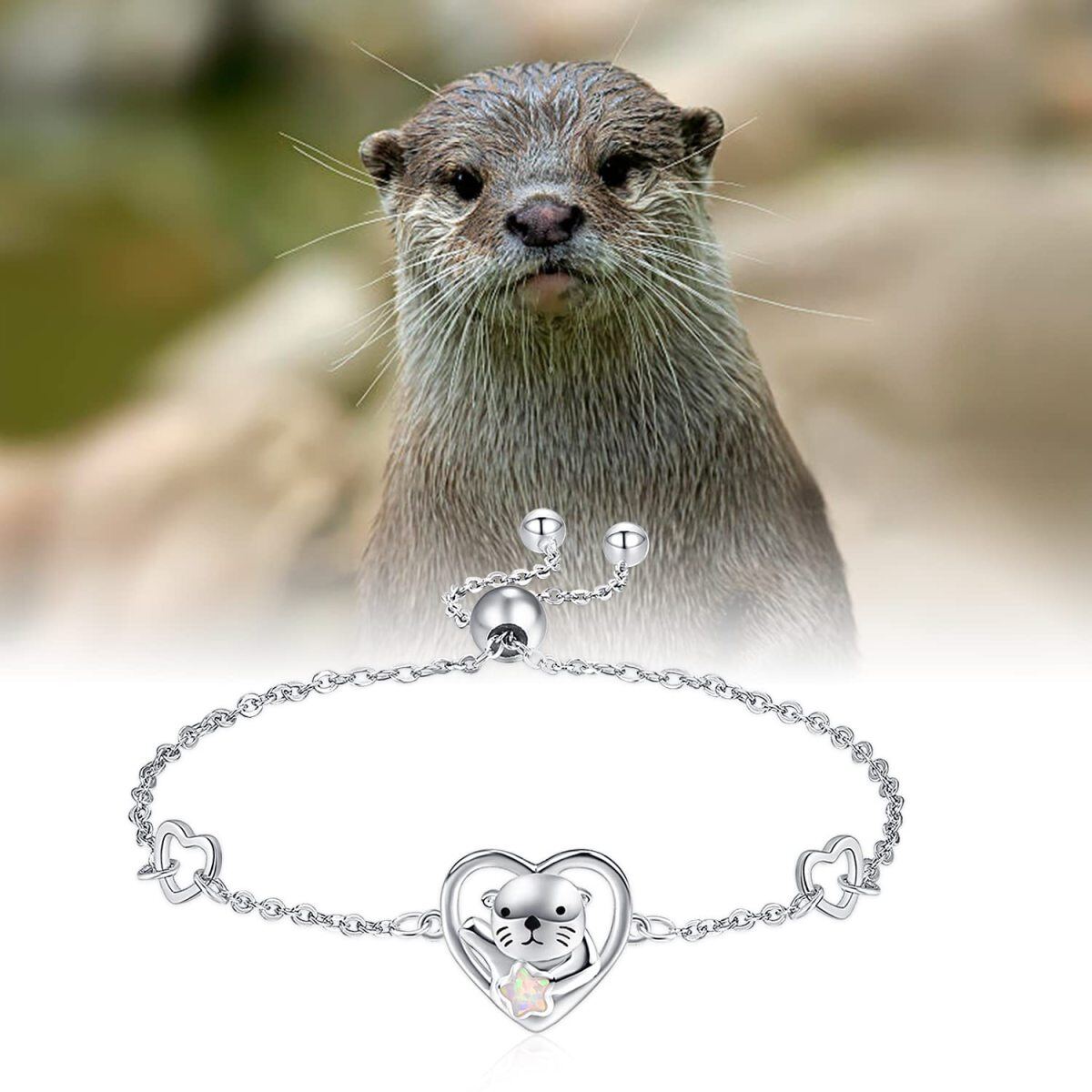 Bracelet en argent sterling avec pendentif loutre de mer en forme de coeur et opale pour f-5