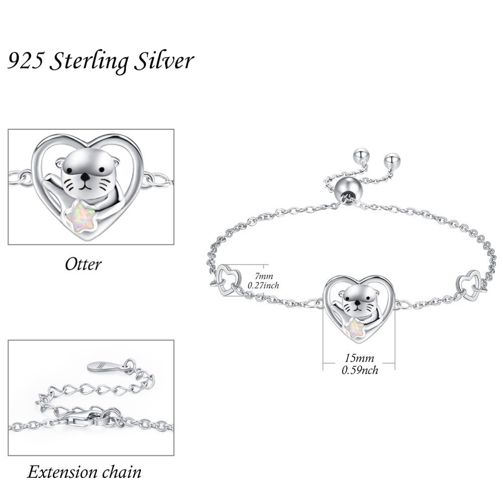 Sterling Silver Heart Opal Sea Otter Charm Bracelet For Women-6