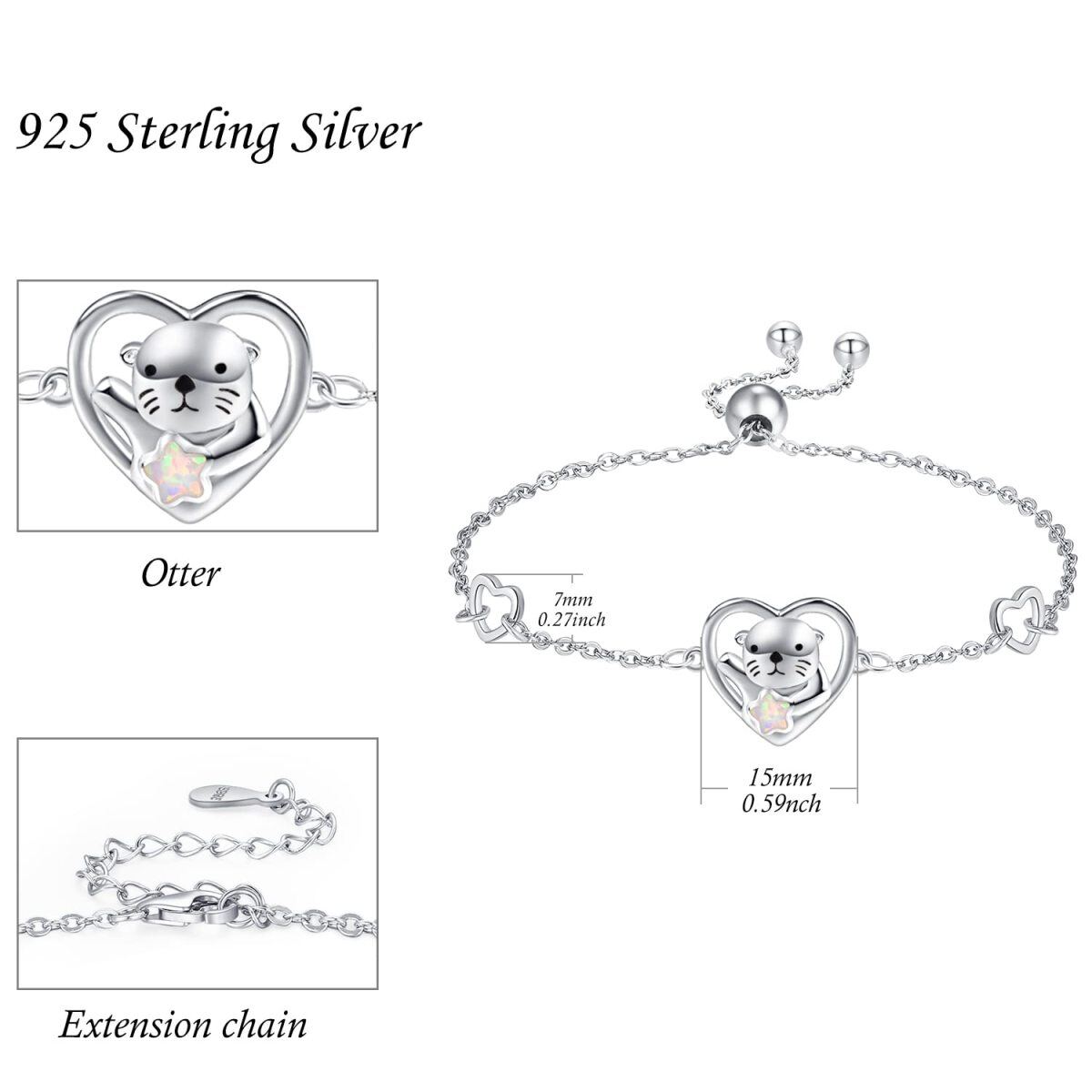 Bracelet en argent sterling avec pendentif loutre de mer en forme de coeur et opale pour f-6