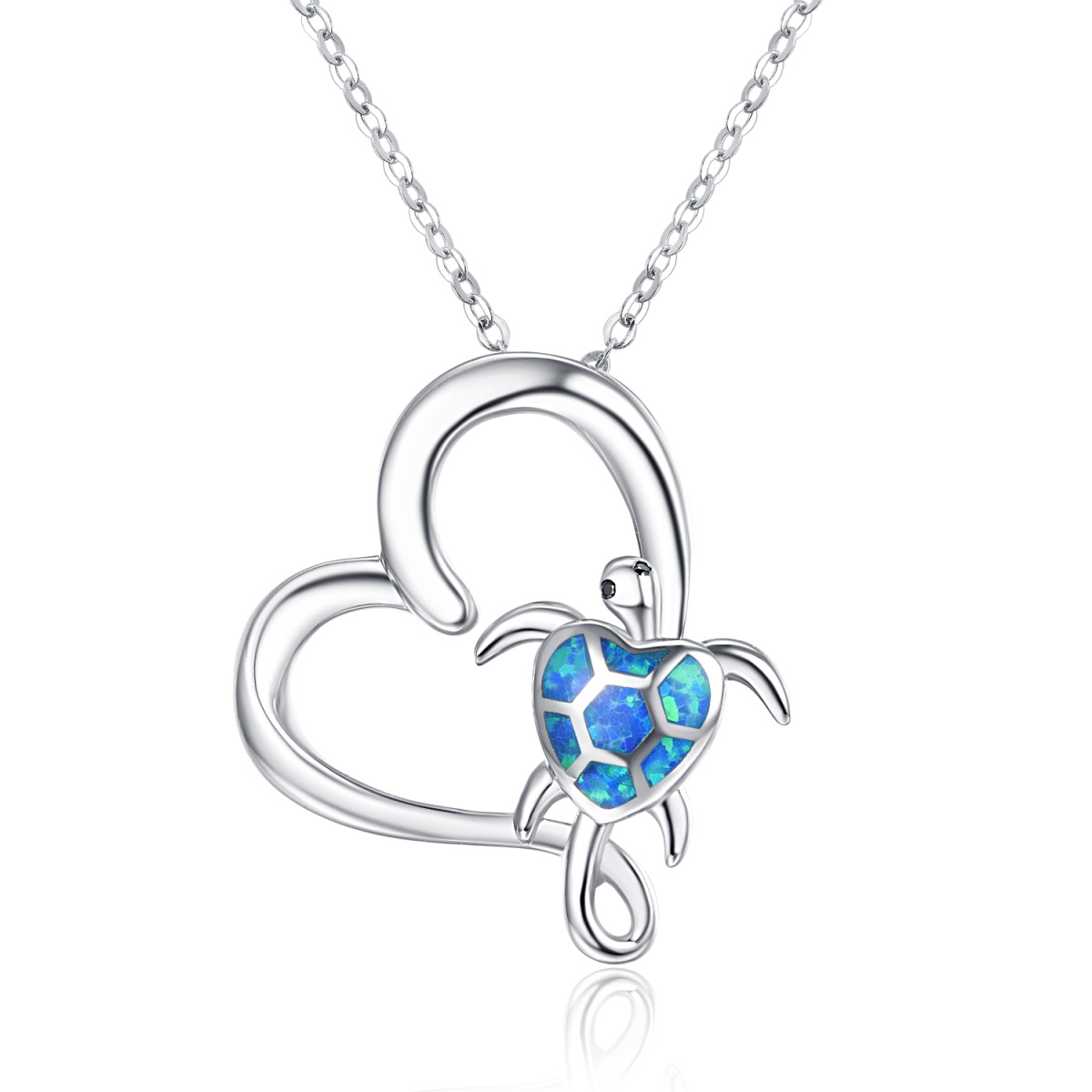 Sterling Silver Opal Sea Turtle With Heart Pendant Necklace For Women-1