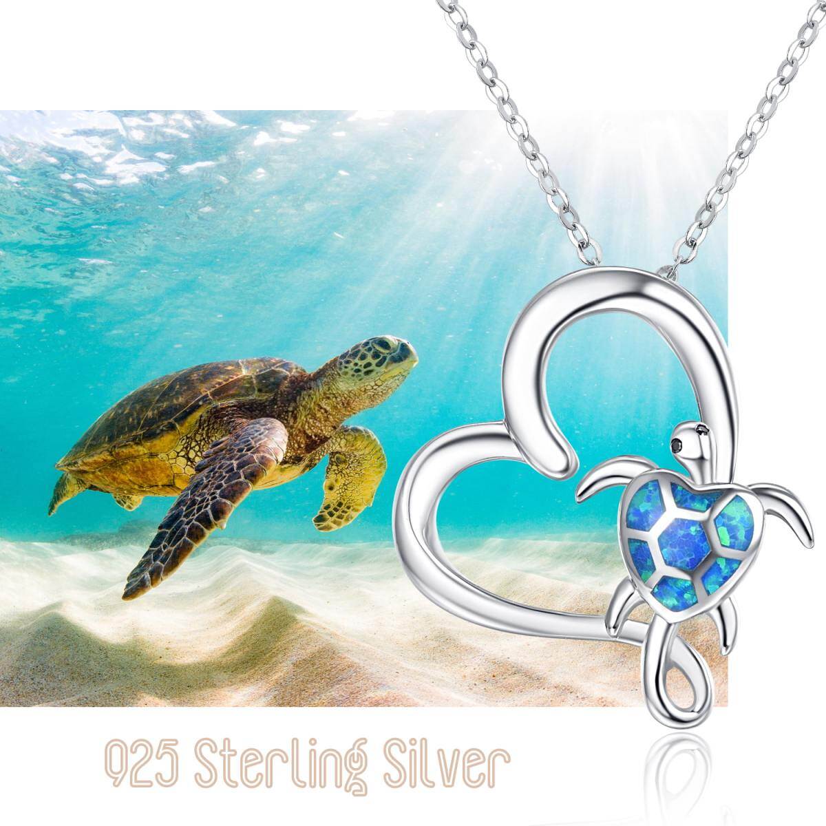 Sterling Silver Opal Sea Turtle With Heart Pendant Necklace For Women-4