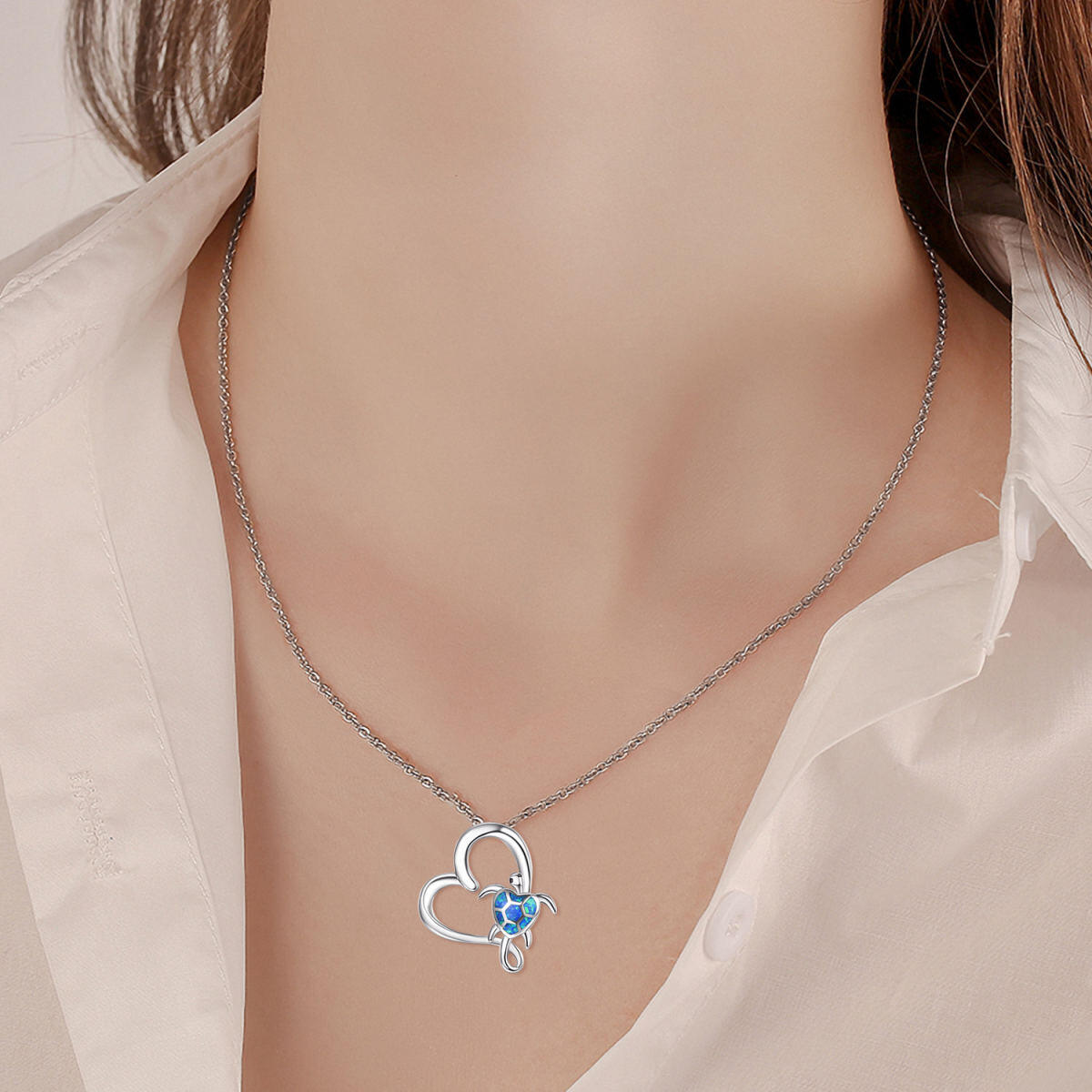 Collar con colgante de corazón y tortuga marina de ópalo de plata de ley para mujer-5