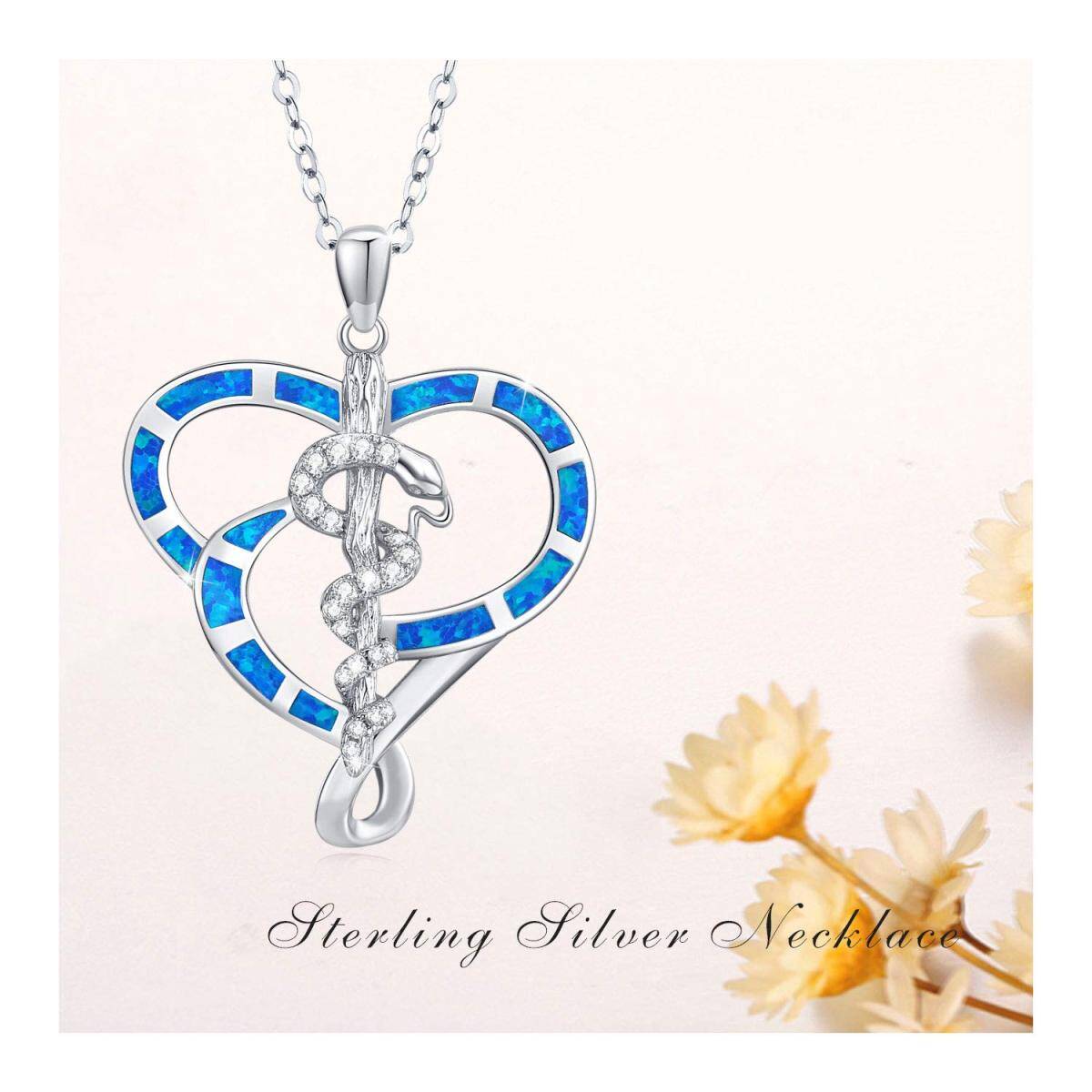 Sterling Silver Heart Shaped Opal Snake Pendant Necklace-6