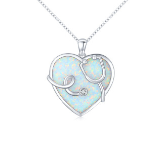 Sterling Silver Heart Shaped Opal Stethoscope Pendant Necklace-2