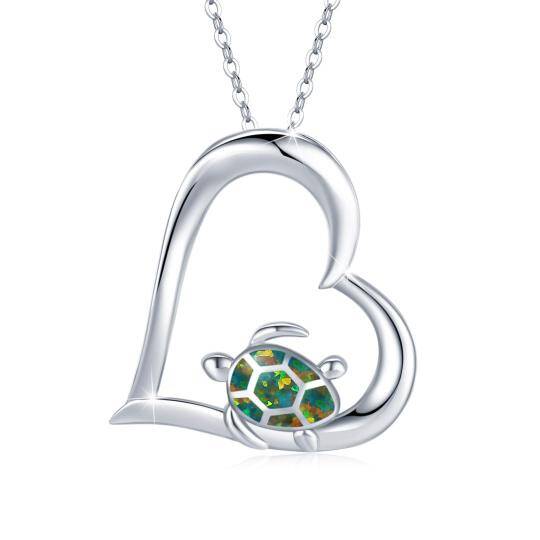 Collier en argent sterling avec pendentif en forme de coeur en opale et tortue