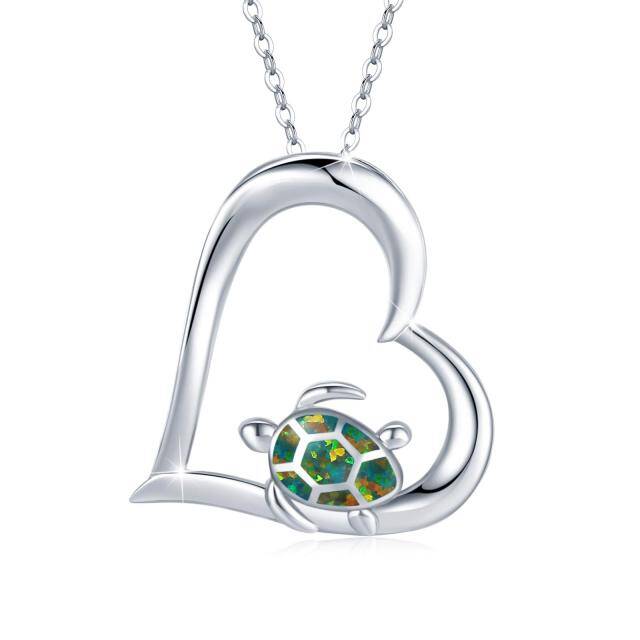 Sterling Silver Heart Shaped Opal Tortoise Pendant Necklace-3