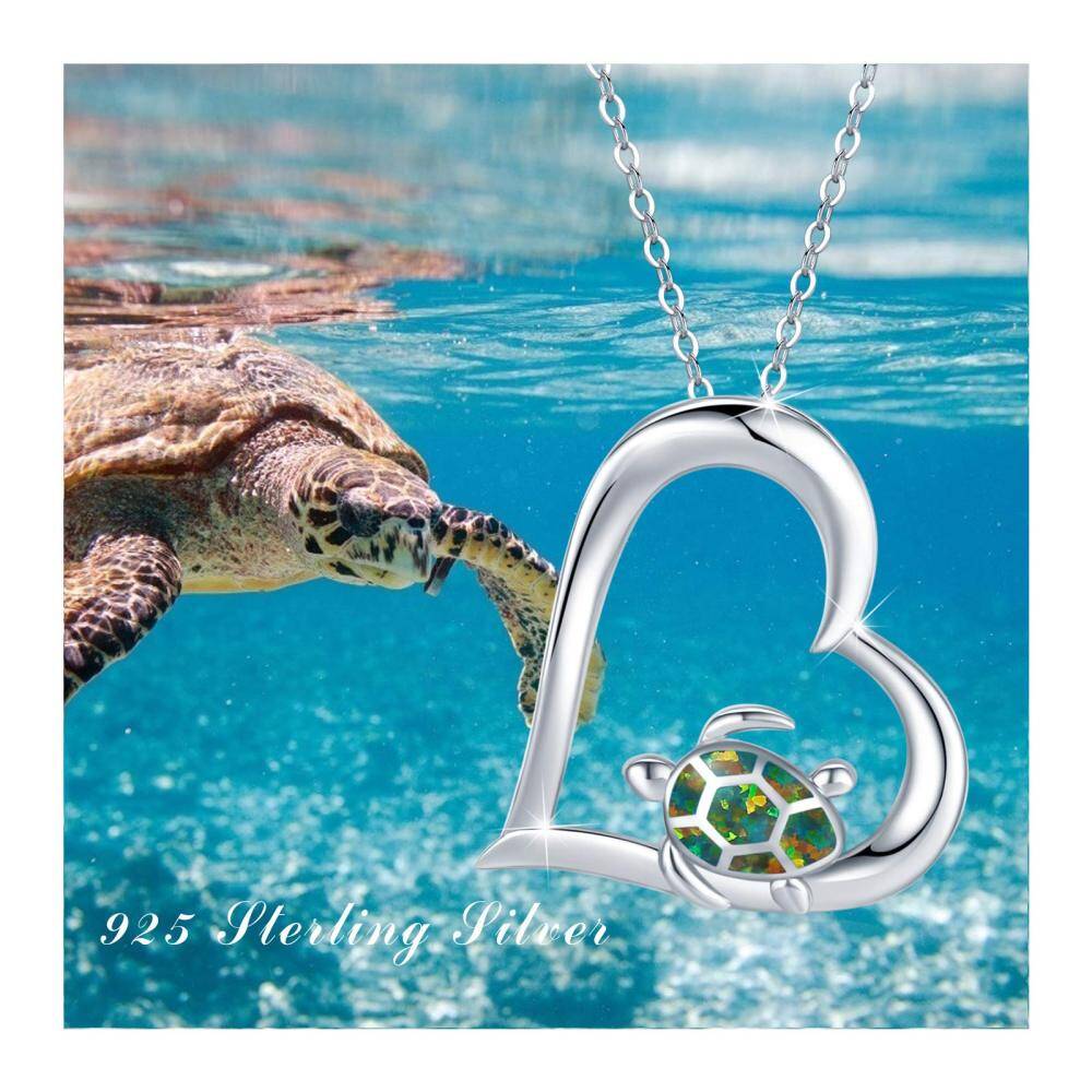 Sterling Silver Heart Shaped Opal Tortoise Pendant Necklace-4
