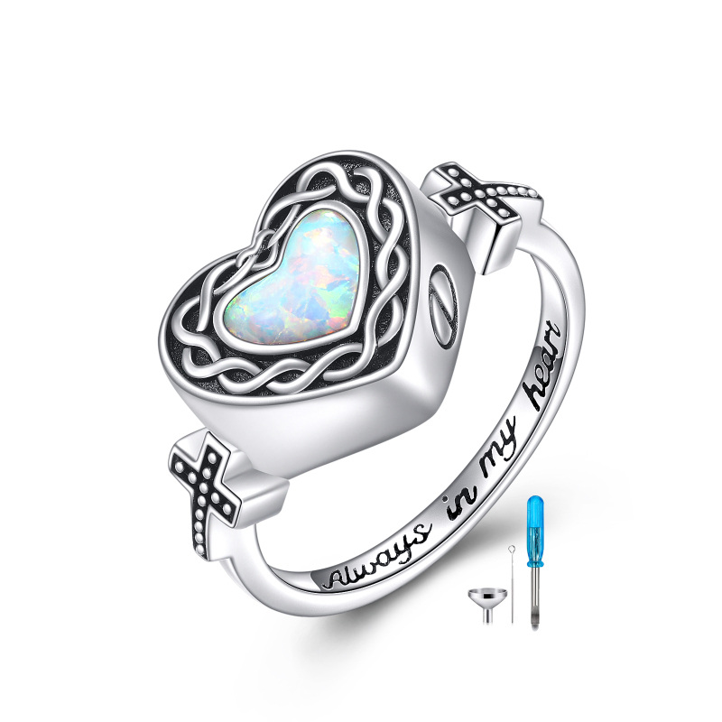 Sterling Silver Heart Opal Heart Urn Ring With Engraved Word-8
