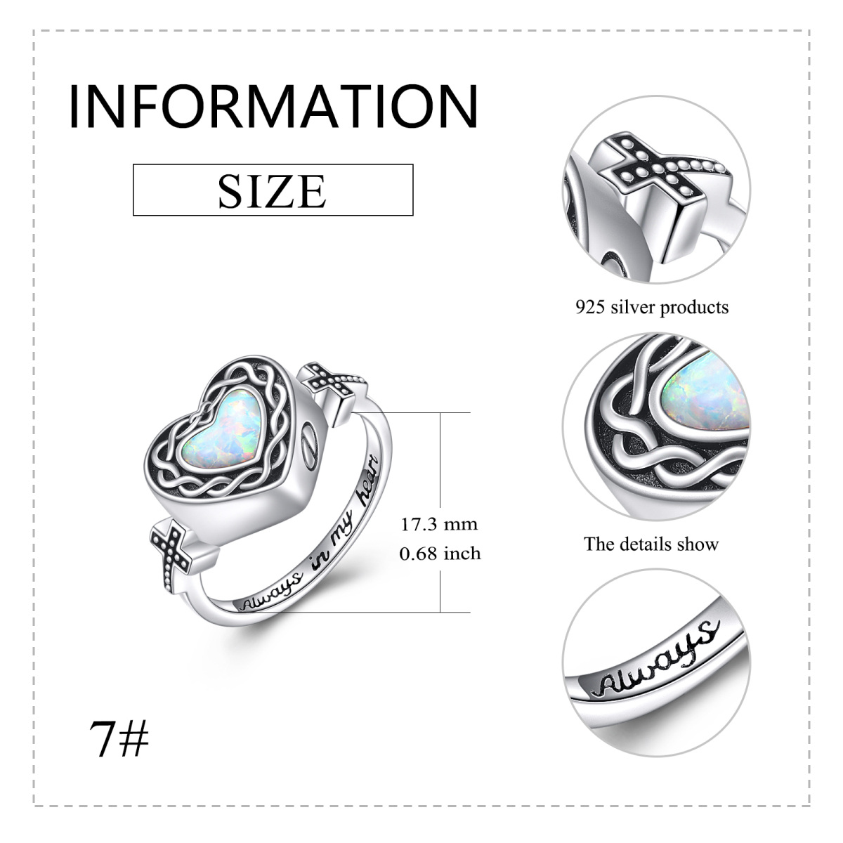 Sterling Silver Heart Opal Heart Urn Ring With Engraved Word-5