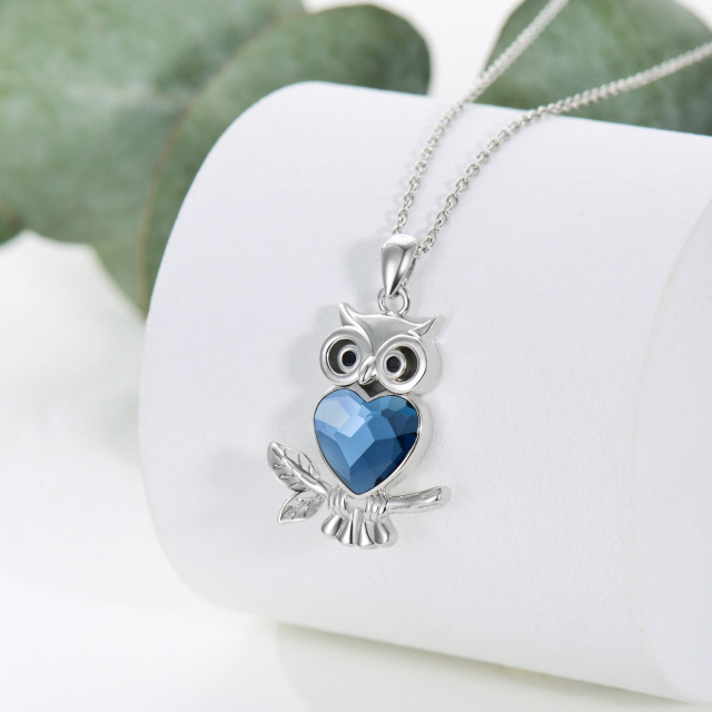 Sterling Silver Heart Shaped Owl & Heart Crystal Pendant Necklace-3