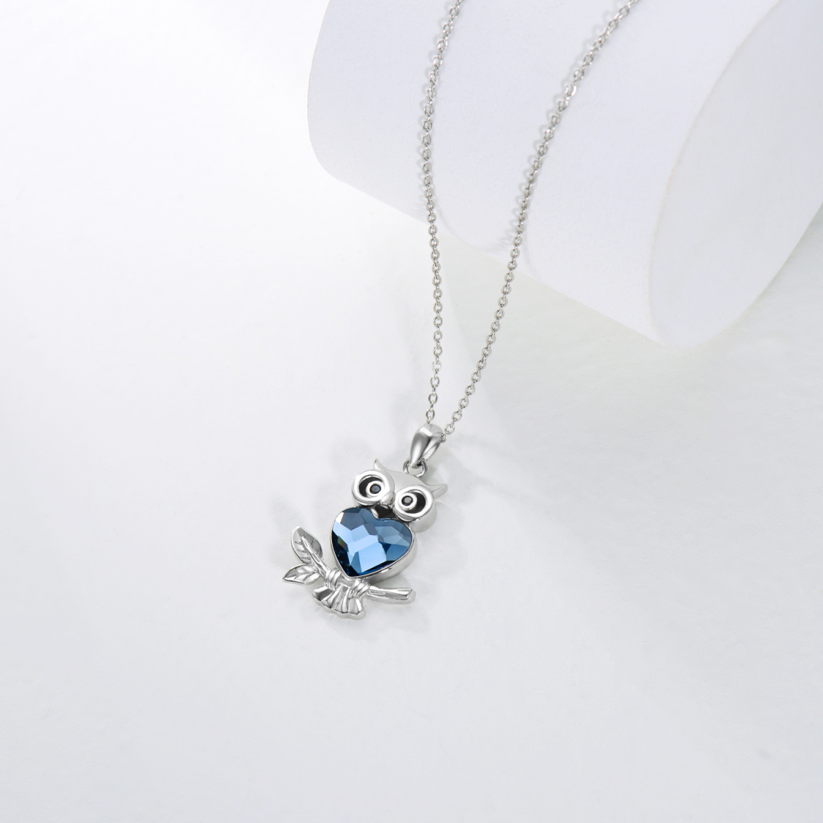 Sterling Silver Heart Shaped Owl & Heart Crystal Pendant Necklace-4