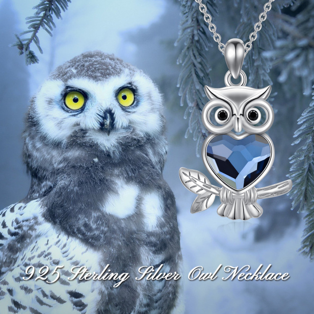 Sterling Silver Heart Shaped Owl & Heart Crystal Pendant Necklace-5