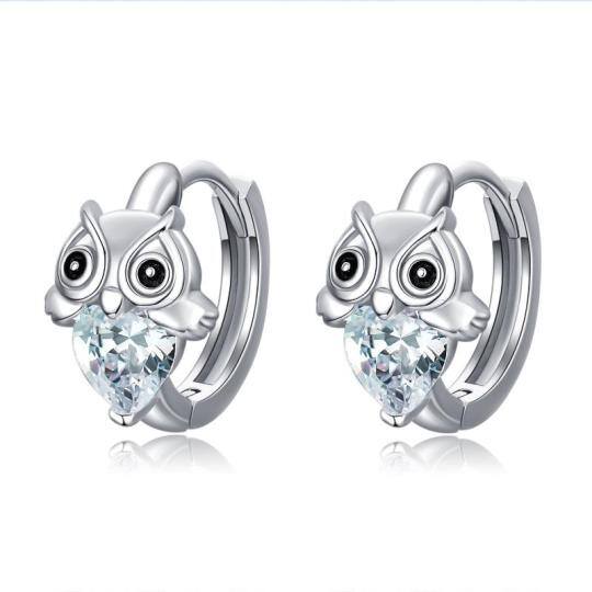 Sterling Silver Heart Shaped Cubic Zirconia Owl Hoop Earrings