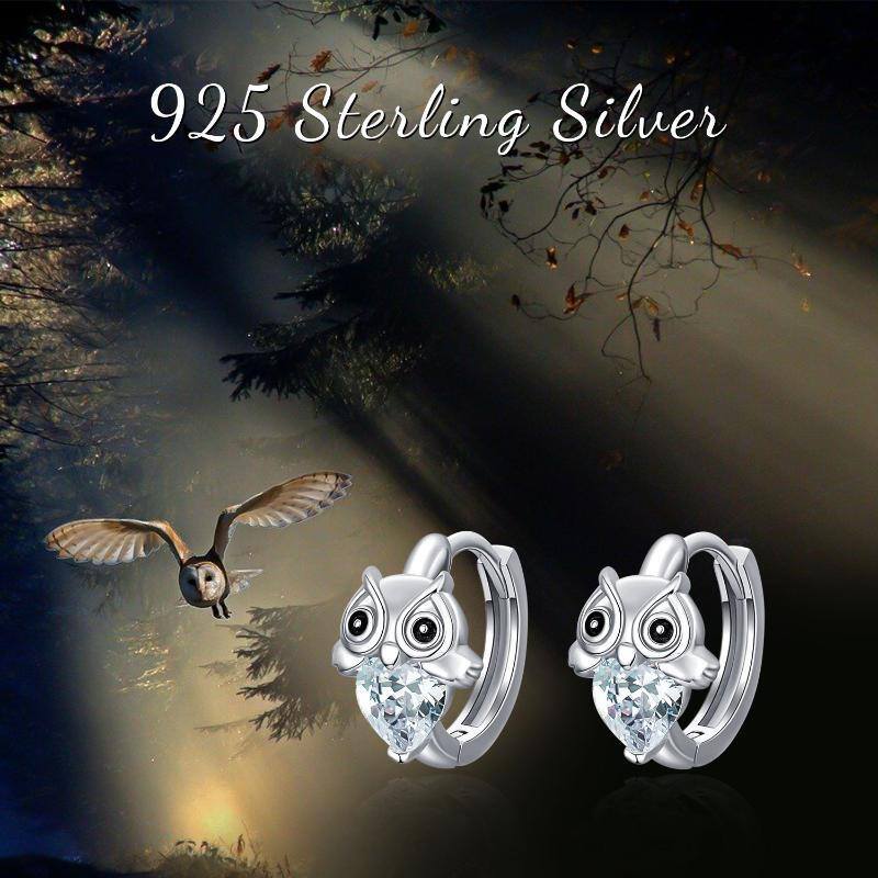 Sterling Silver Heart Shaped Cubic Zirconia Owl Hoop Earrings-4