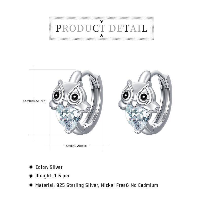 Sterling Silver Heart Shaped Cubic Zirconia Owl Hoop Earrings-5