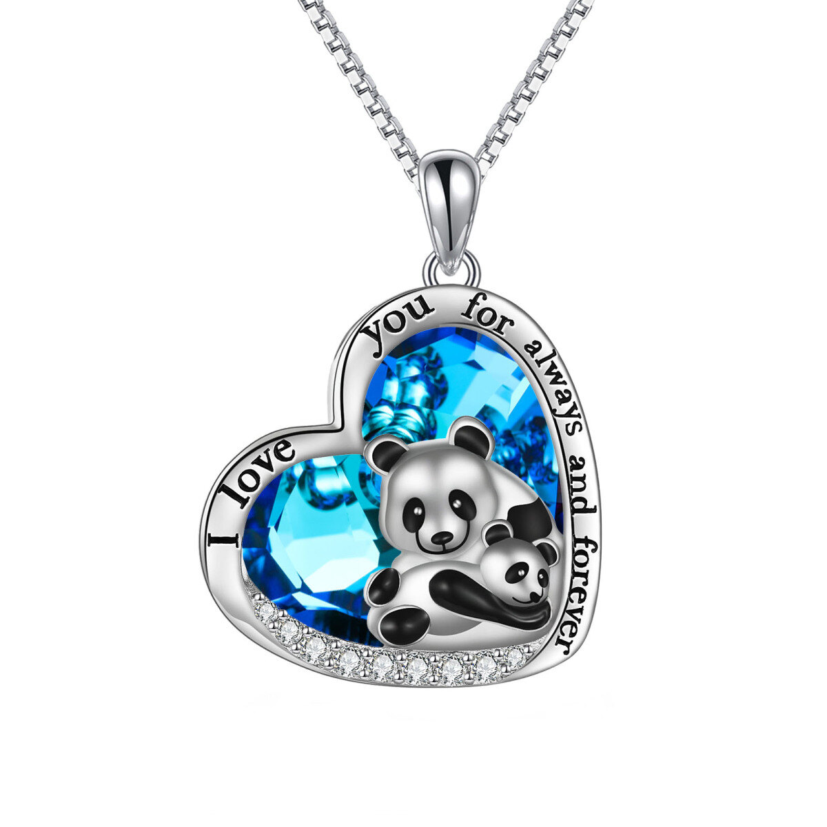 Sterling Silver Panda Heart Crystal Pendant Necklace With Engraved Word For Women-1