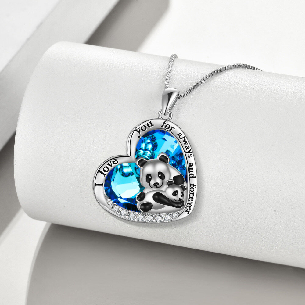 Sterling Silver Panda Heart Crystal Pendant Necklace With Engraved Word For Women-3