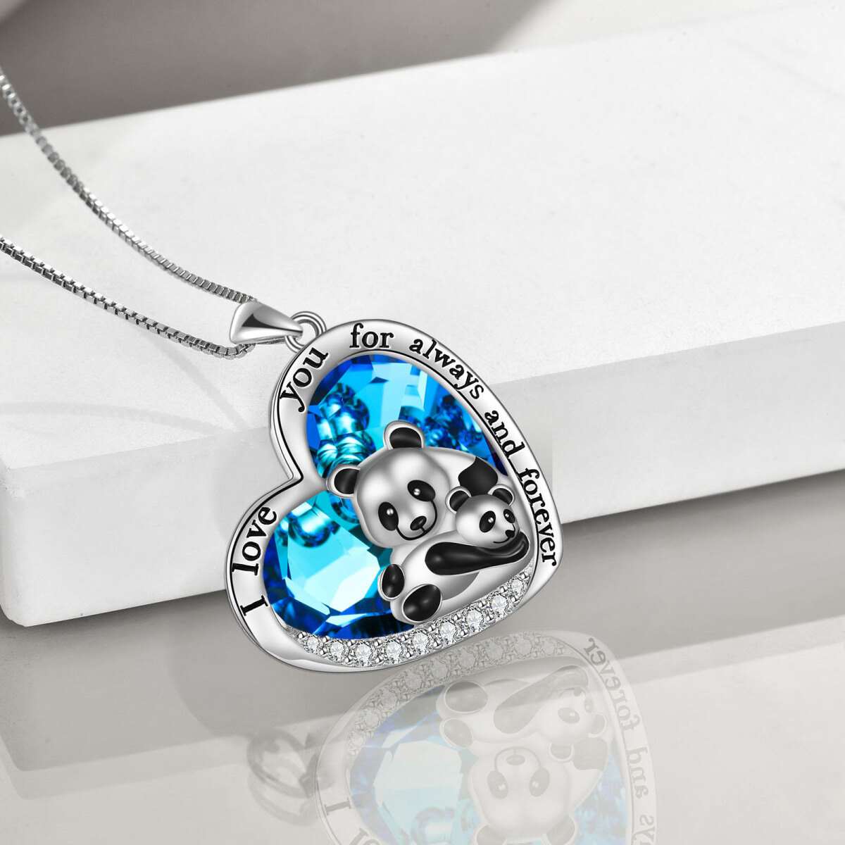 Collar con colgante de cristal de corazón de panda de plata de ley con palabra grabada para mujer-4