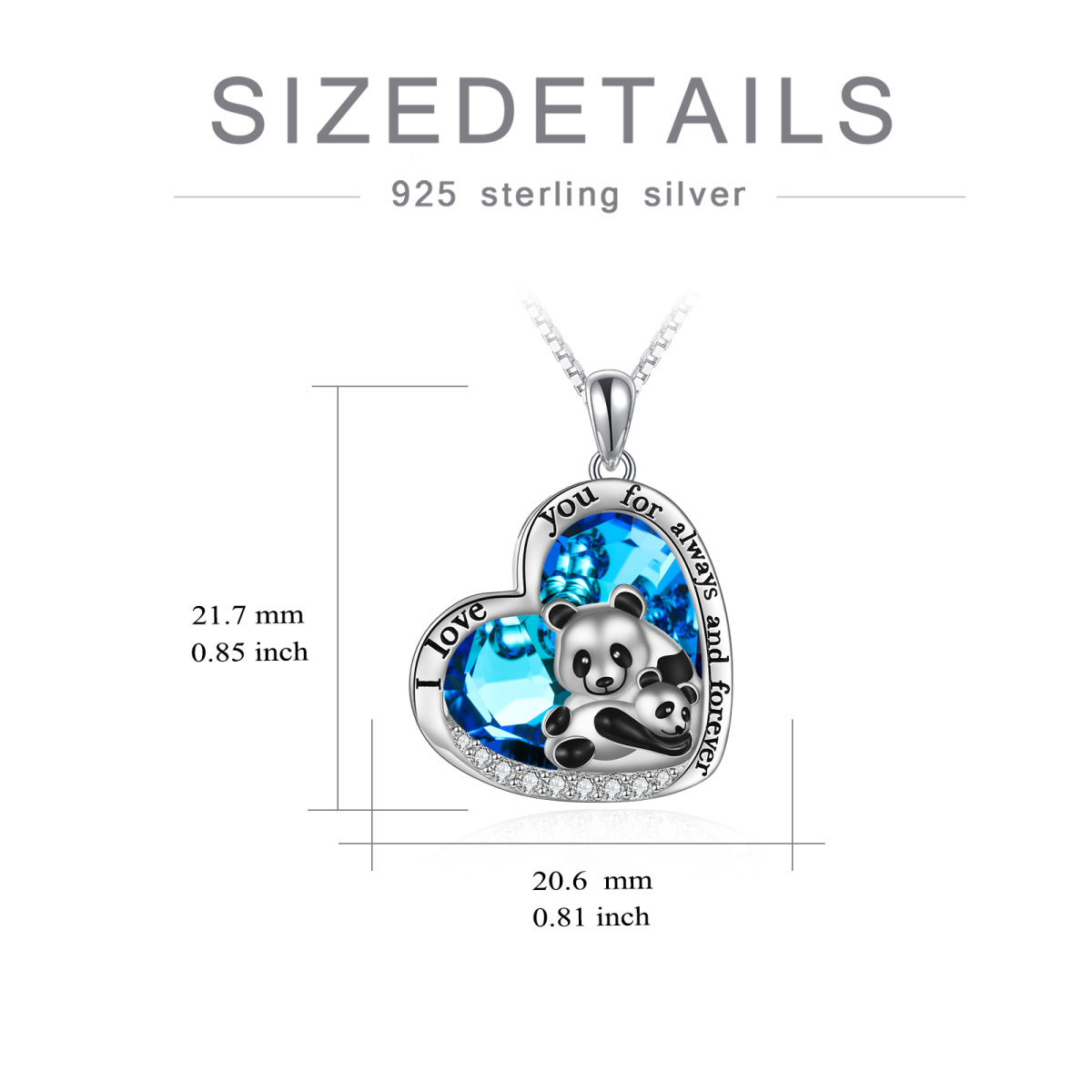 Sterling Silver Panda Heart Crystal Pendant Necklace With Engraved Word For Women-5