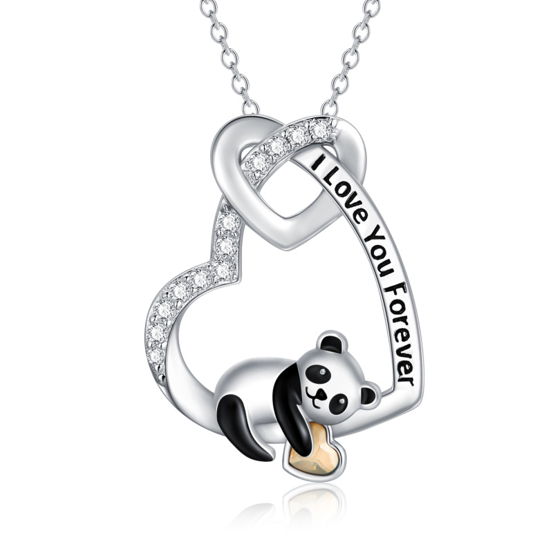 Sterling Silver Yellow Heart Cubic Zirconia Panda With Heart Pendant Necklace With Engraved Word For Women-3