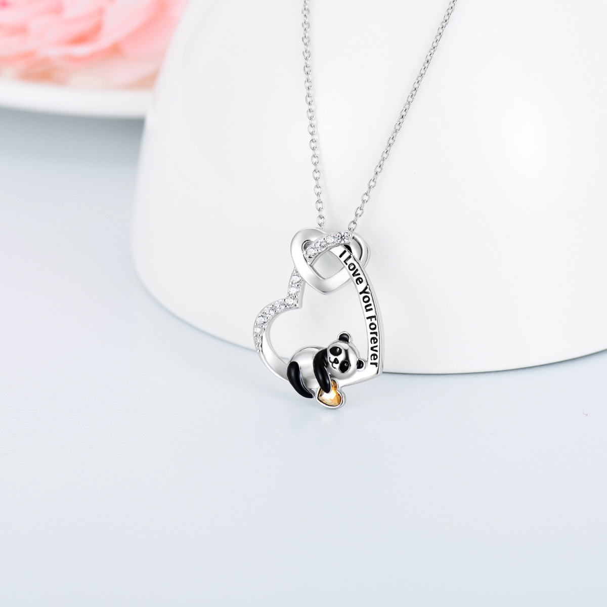 Sterling Silver Yellow Heart Cubic Zirconia Panda With Heart Pendant Necklace With Engraved Word For Women-3