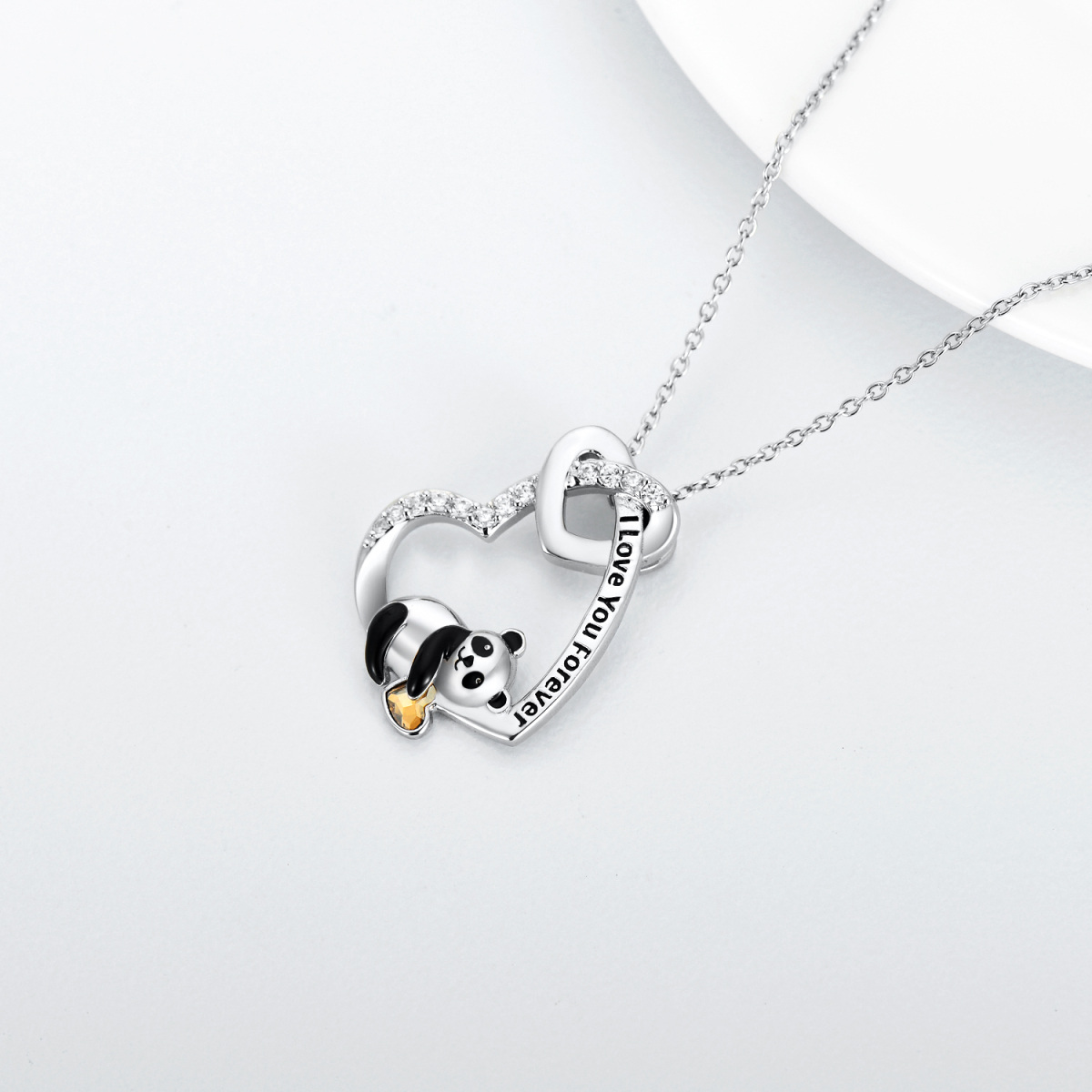 Sterling Silver Yellow Heart Cubic Zirconia Panda With Heart Pendant Necklace With Engraved Word For Women-4