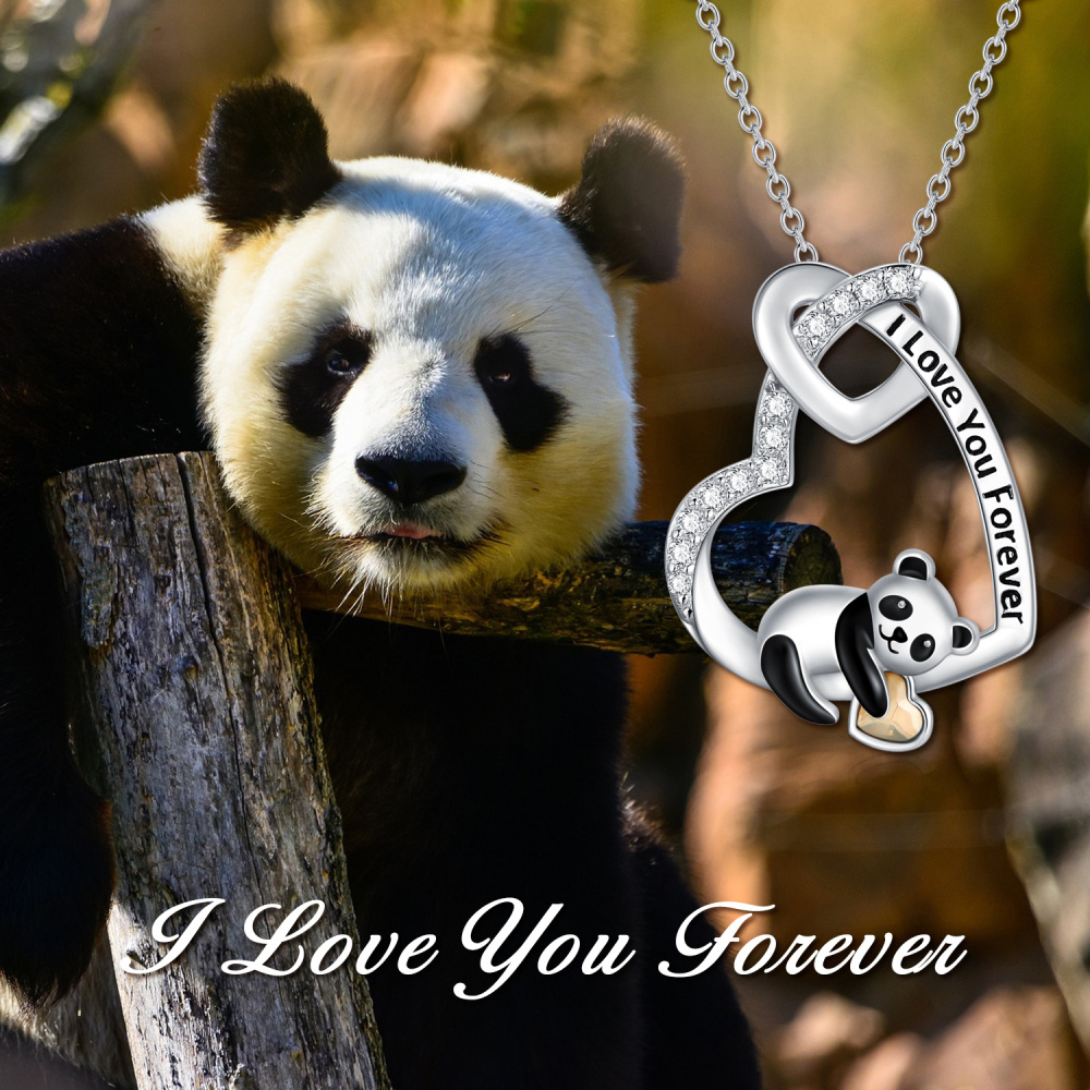 Sterling Silver Yellow Heart Cubic Zirconia Panda With Heart Pendant Necklace With Engraved Word For Women-6