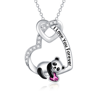 Sterling Silver Pink Heart Cubic Zirconia Panda With Heart Pendant Necklace With Engraved Word For Women-56