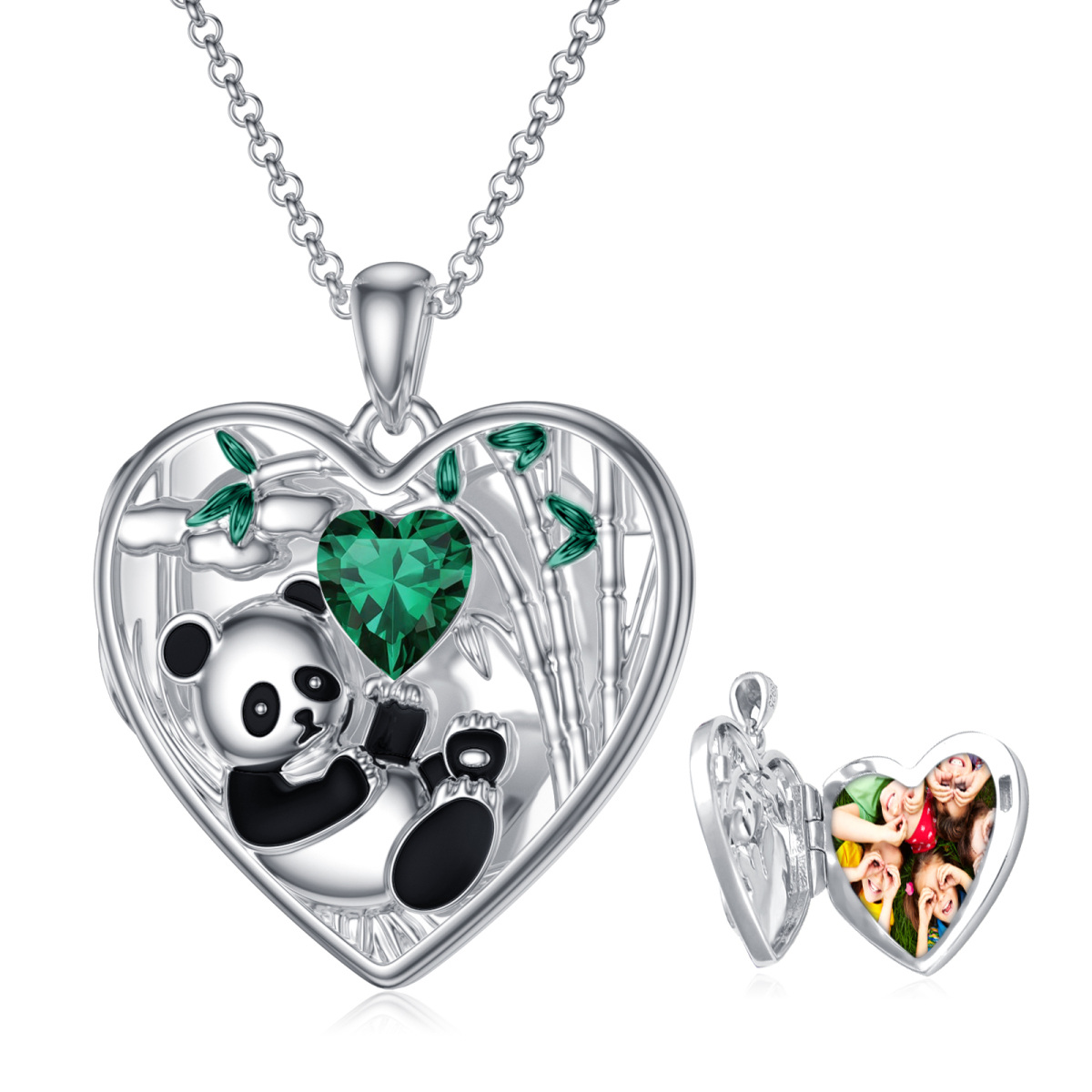 Plata de ley en forma de corazón Panda Personalizado Foto Locket Collar-1