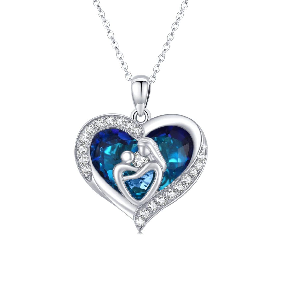 Sterling Silver Heart Blue Crystal Mom & Child Pendant Necklace Gift For Mother-1