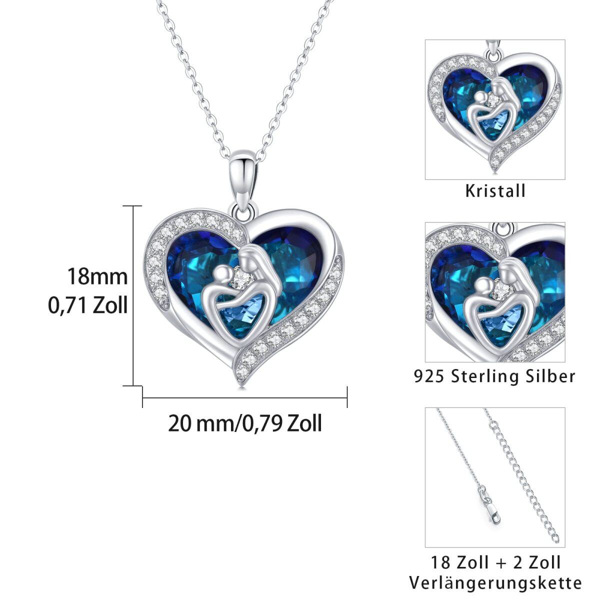 Sterling Silver Heart Blue Crystal Mom & Child Pendant Necklace Gift For Mother-2