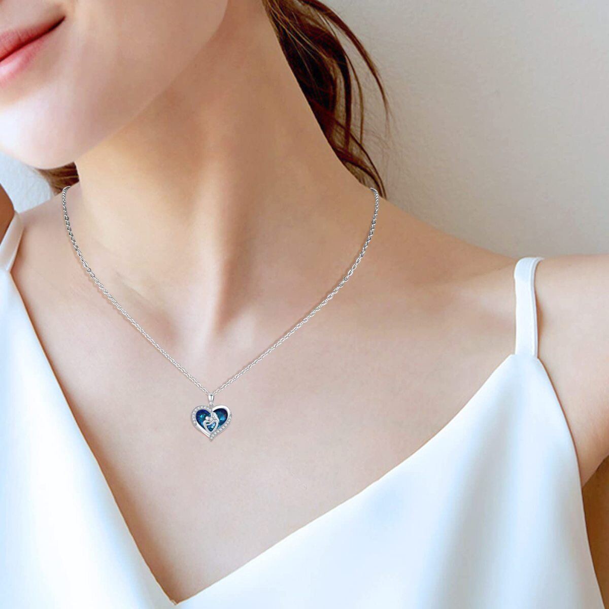 Collana con ciondolo mamma e bambino in argento sterling con cuore di cristallo blu, regalo per la madre-3