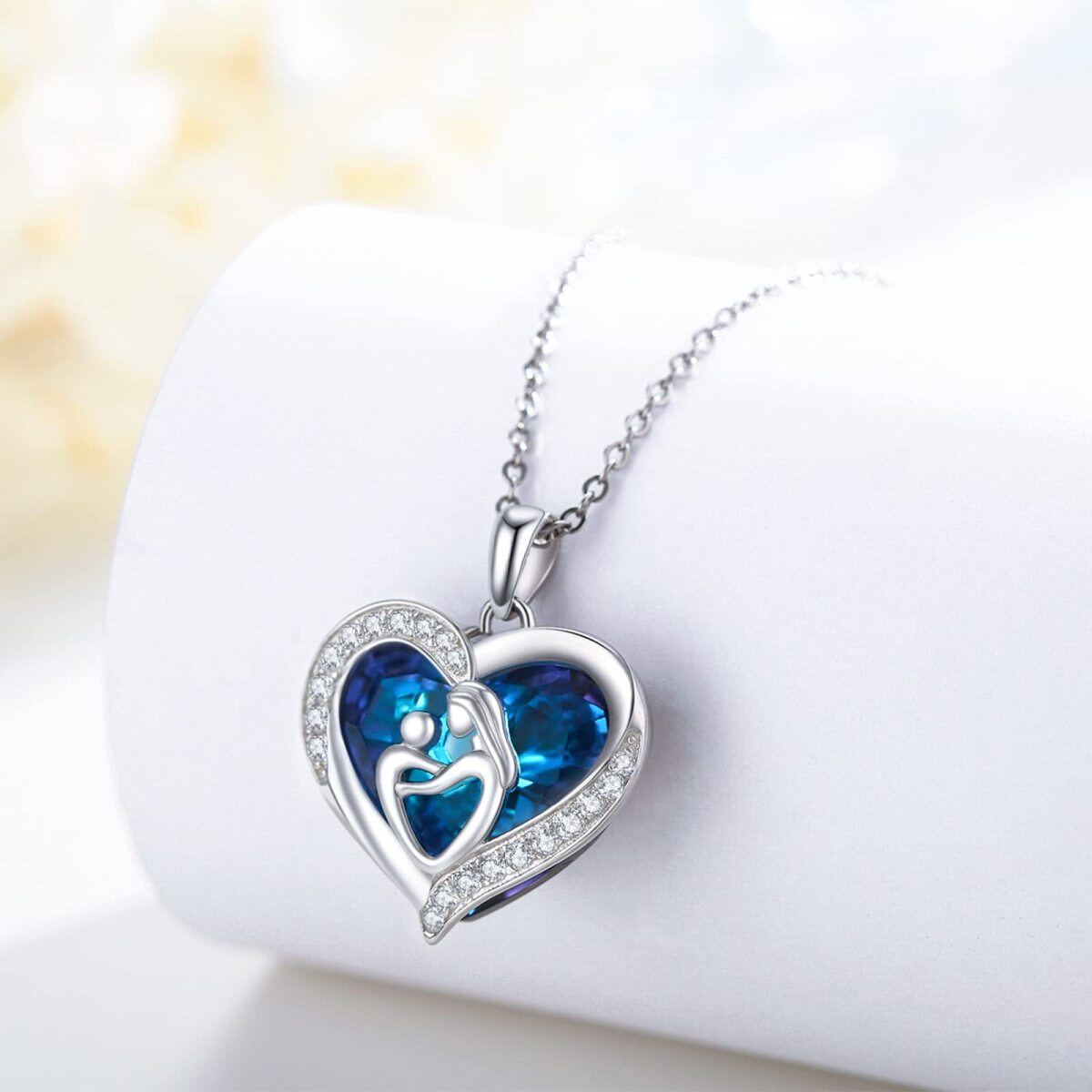 Sterling Silver Heart Blue Crystal Mom & Child Pendant Necklace Gift For Mother-5