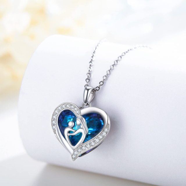 Sterling Silver Heart Shaped Parents & Children & Heart Crystal Pendant Necklace-5