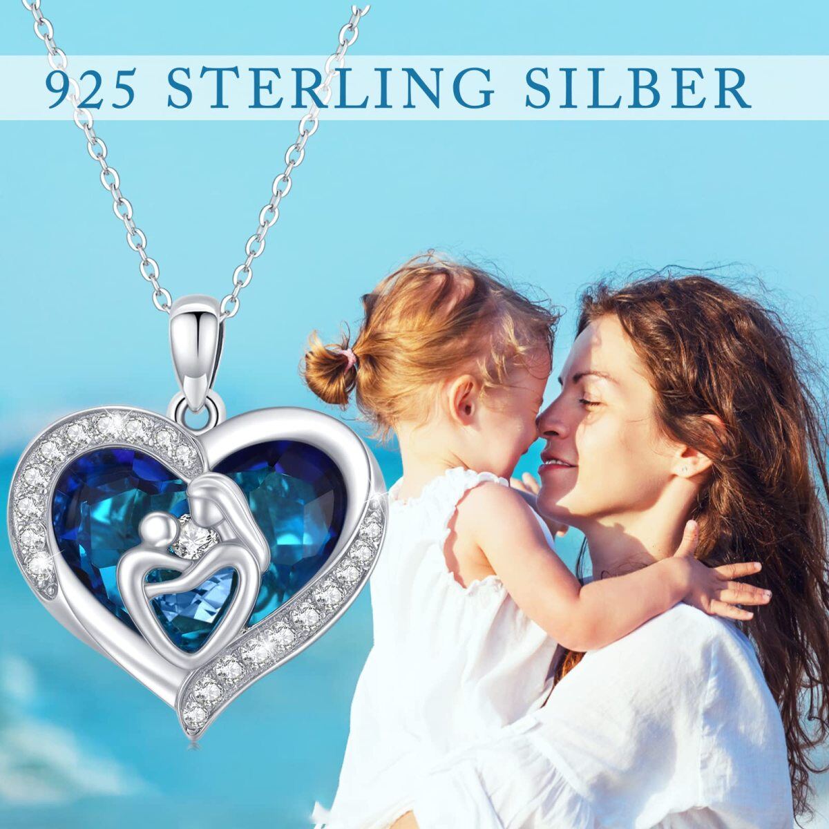 Sterling Silver Heart Blue Crystal Mom & Child Pendant Necklace Gift For Mother-6