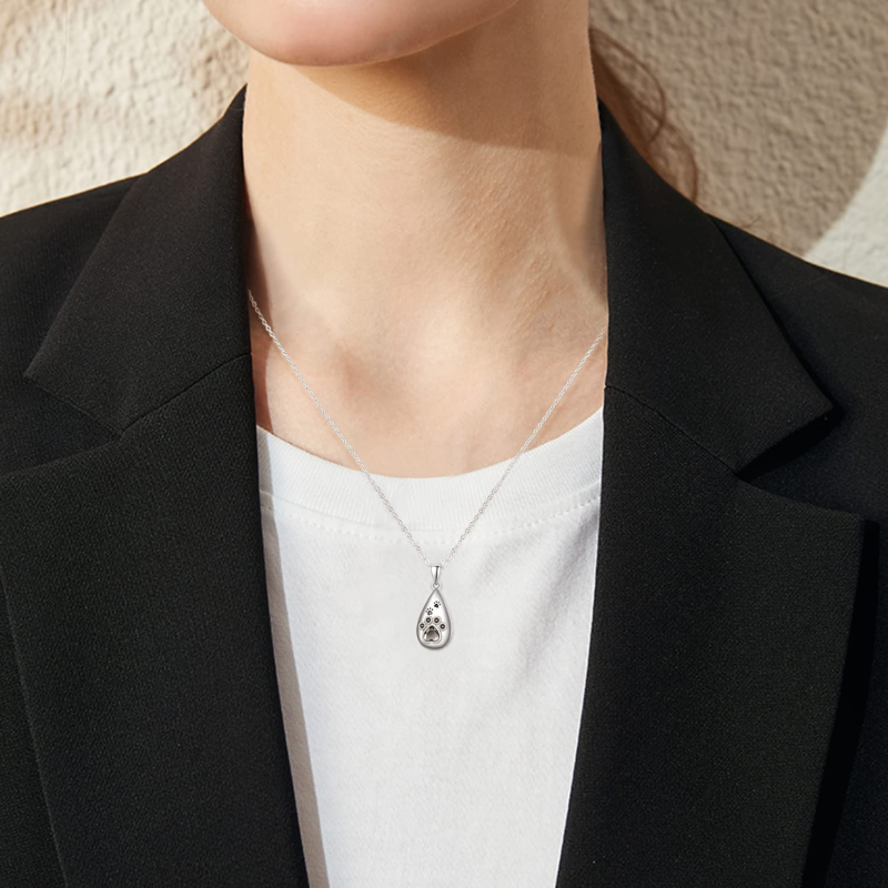 Collar con urna en forma de corazón con forma de pata y circonita cúbica en forma de corazón de plata de ley-2