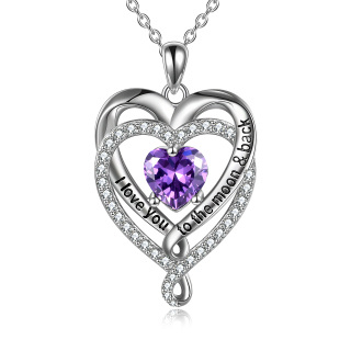 Sterling Silver Cubic Zirconia Birthstone Double Heart Pendant Engraving Necklace For Women-57