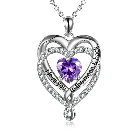 Sterling Silver Cubic Zirconia Birthstone Double Heart Pendant Engraving Necklace For Women