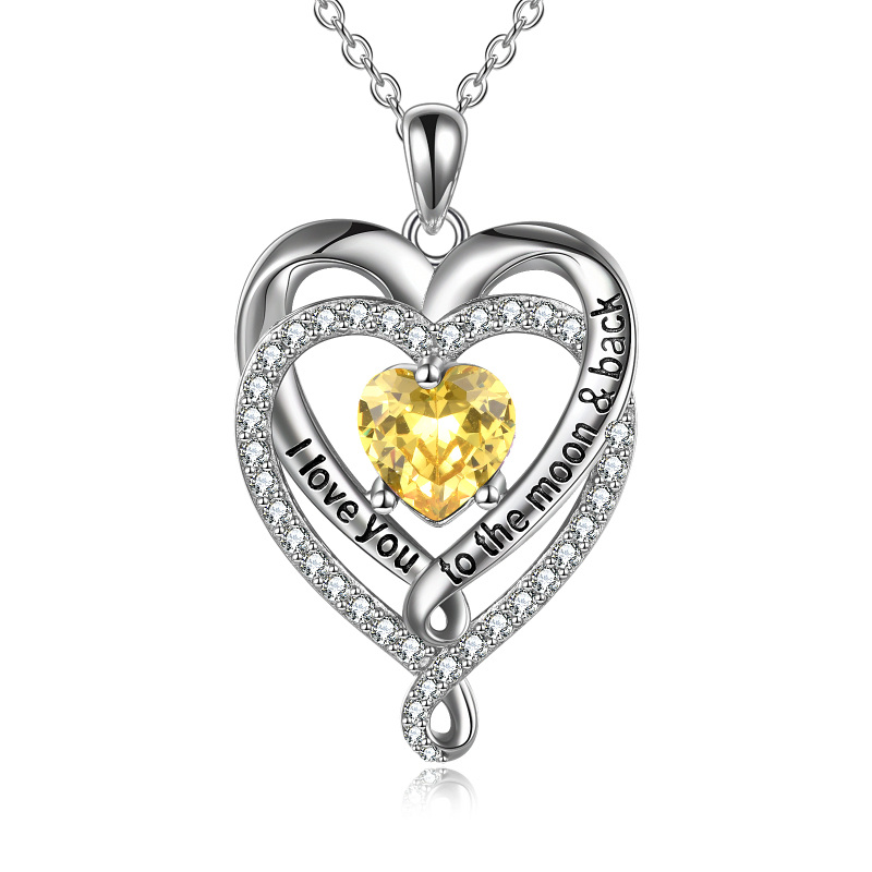 قلادة من الفضة الإسترلينية مرصعة بأحجار الزركونيا المكعبة وحجر الميلاد وقلادة على شكل قلب مزدوج محفور للنساء-8