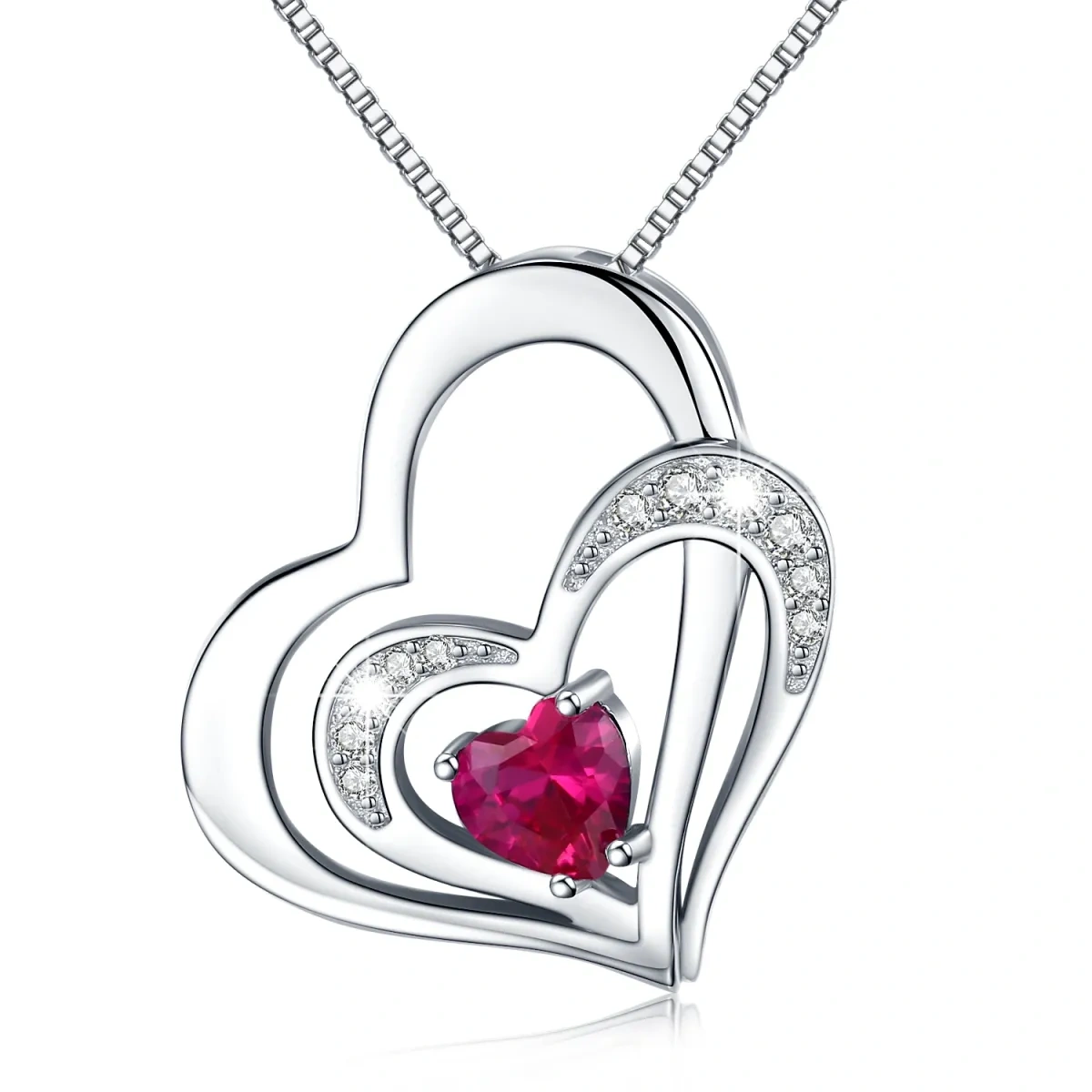 Sterling Silver Heart Shaped Cubic Zirconia Heart With Heart Pendant Necklace-1