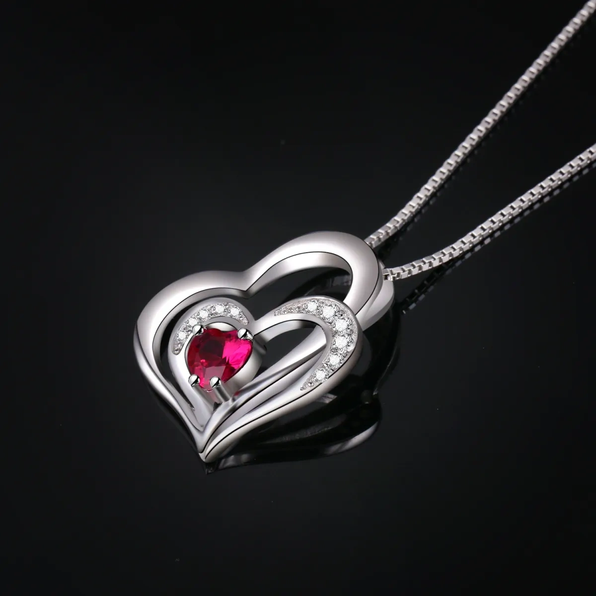 Sterling Silver Heart Shaped Cubic Zirconia Heart With Heart Pendant Necklace-2