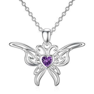 Sterling Silver Heart Shaped Personalized Birthstone Butterfly Pendant Necklace-12