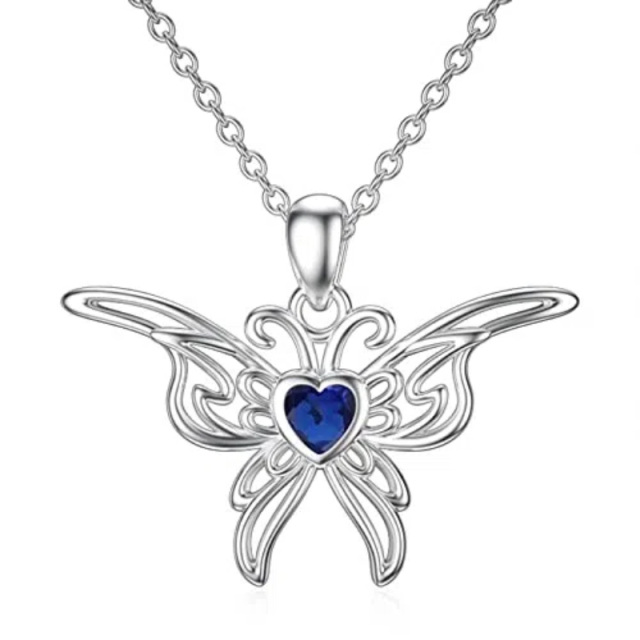 Sterling Silver Heart Shaped Personalized Birthstone Butterfly Pendant Necklace-2