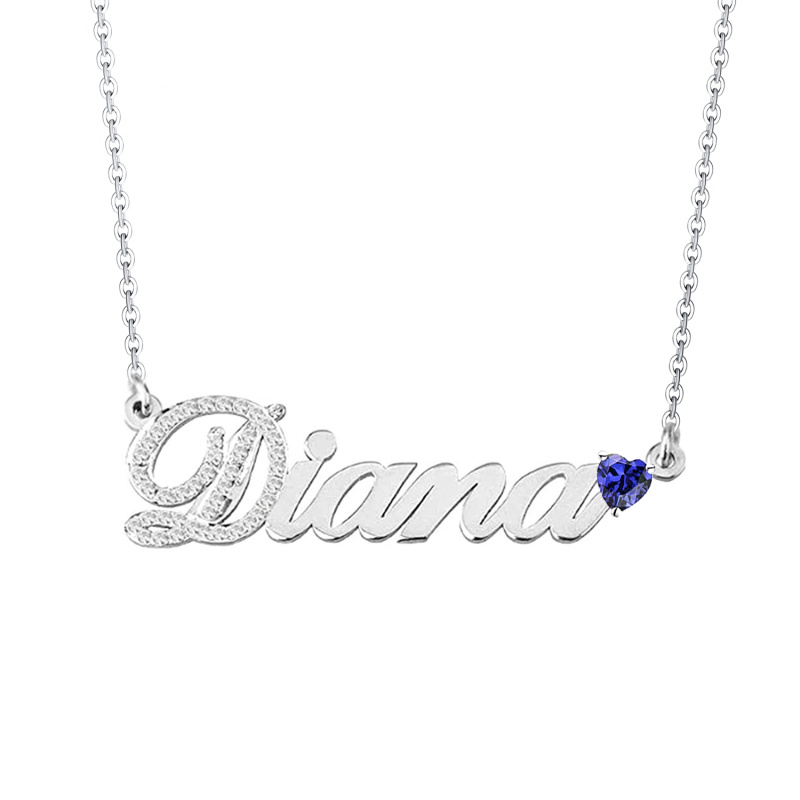 Collar con colgante de nombre clásico y piedra natal personalizada con circonita cúbica en forma de corazón de plata de ley para mujer-1