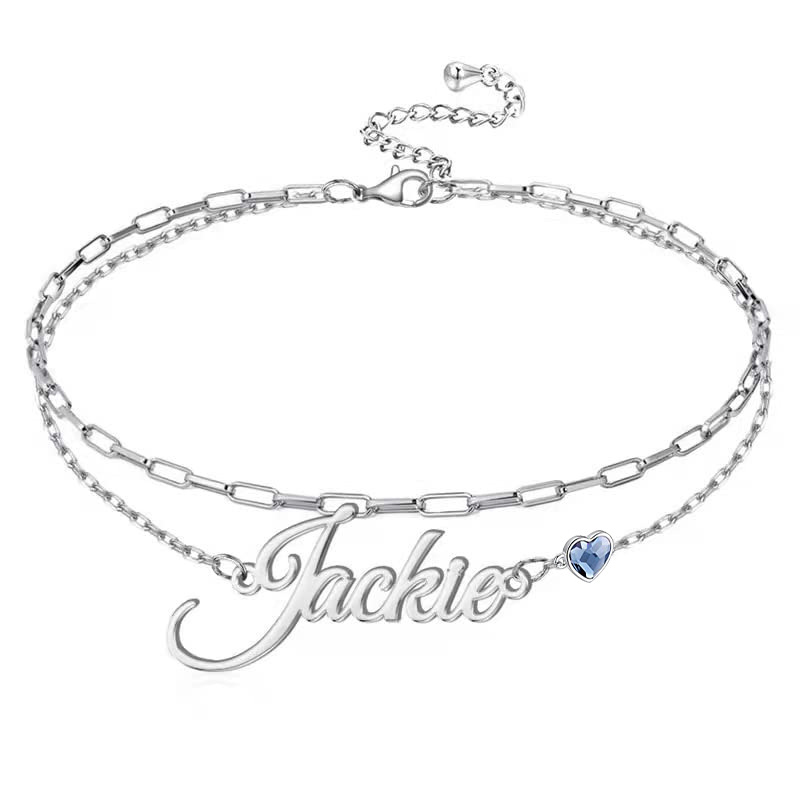 Sterling Silver Heart Cubic Zirconia Custom Birthstone Engraving Multi-Layered Chain Anklet For Women-1