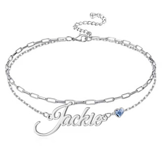 Sterling Silver Heart Cubic Zirconia Custom Birthstone Engraving Multi-Layered Chain Anklet For Women-47